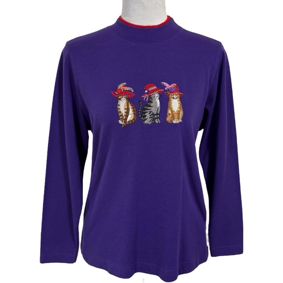 BonWorth Sweaters - Vintage Cat Lady Mock Neck Sweatshirt Top Size M Crop Purple Red Hat Society 90s
